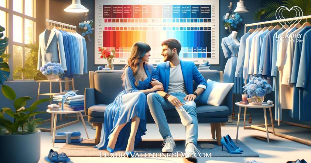 FAQs What-Color To Wear on Valentine's Day: Couple in blue outfits discussing Valentine's Day fashion | Luxury Valentine's Day