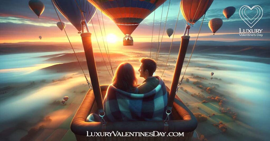 First Date Adventure Ideas : Couple on hot air balloon ride at sunrise | Luxury Valentine's Day