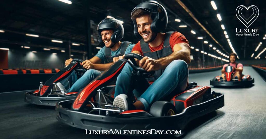 First Date Ideas for Guys and Men : Men go-karting on adventurous first date | Luxury Valentine's Day