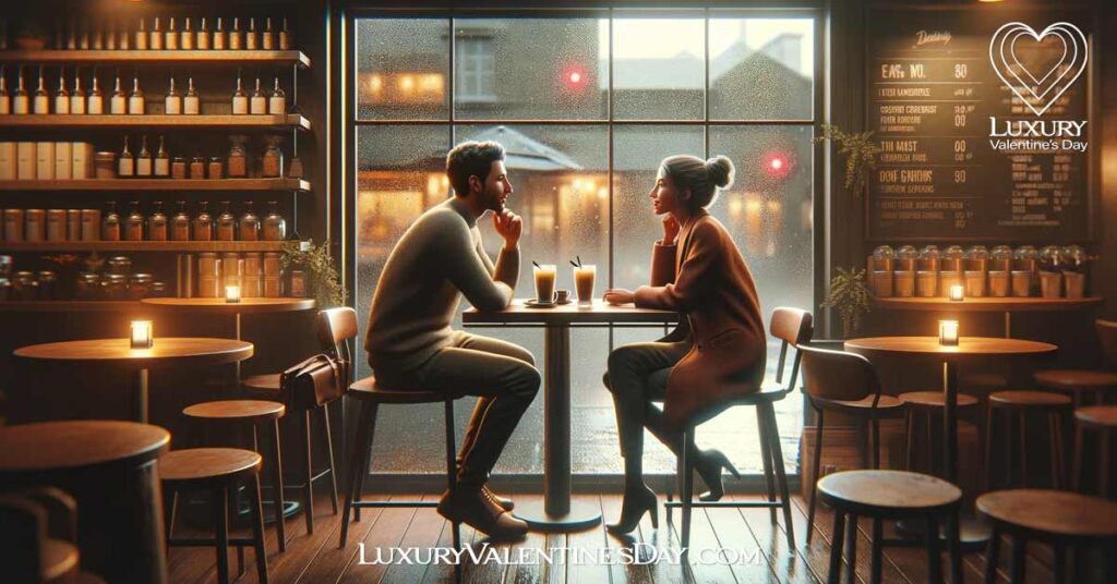 First Date Ideas on a Rainy Day: Two people on a first date at a cozy coffee shop on a rainy day. | Luxury Valentine's Day