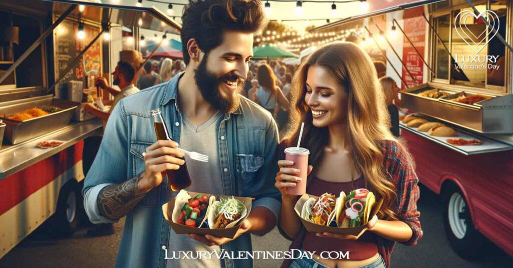 First Date Lunch Ideas : Couple at food truck park on first date | Luxury Valentine's Day