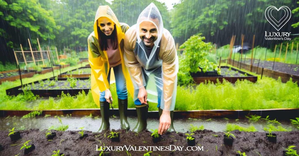 Free Rainy Date Ideas: Couple volunteering in a community garden on a rainy day. | Luxury Valentine's Day