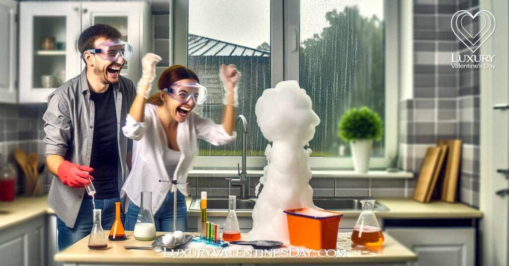 Fun Date for Rainy Days: Couple laughing during a home science experiment on a rainy day. | Luxury Valentine's Day
