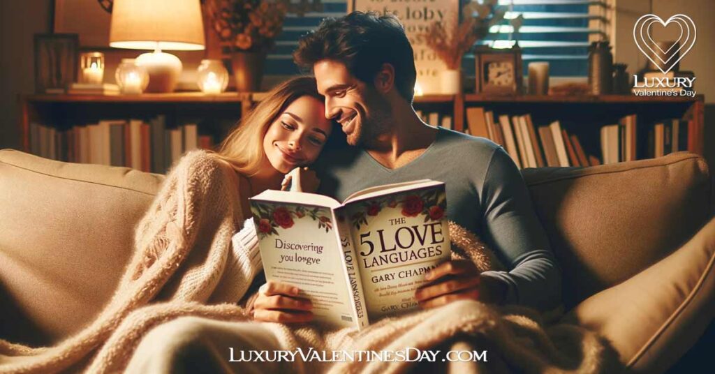 Gary Chapmans 5 Love Languages: Couple cuddled up reading "5 Love Languages" under a soft blanket. | Luxury Valentine's Day