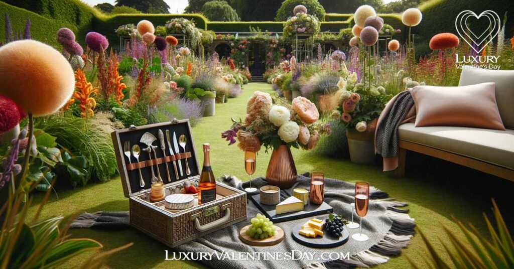 Girlfriend Picnic Date Ideas : Chic and elegant picnic setup in a botanical garden| Luxury Valentine's Day