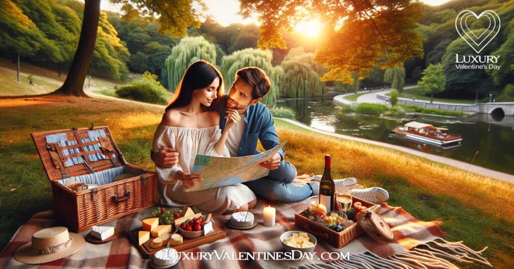 How to Plan a Romantic Picnic : Couple planning a romantic picnic in a picturesque park at sunset. | Luxury Valentine's Day