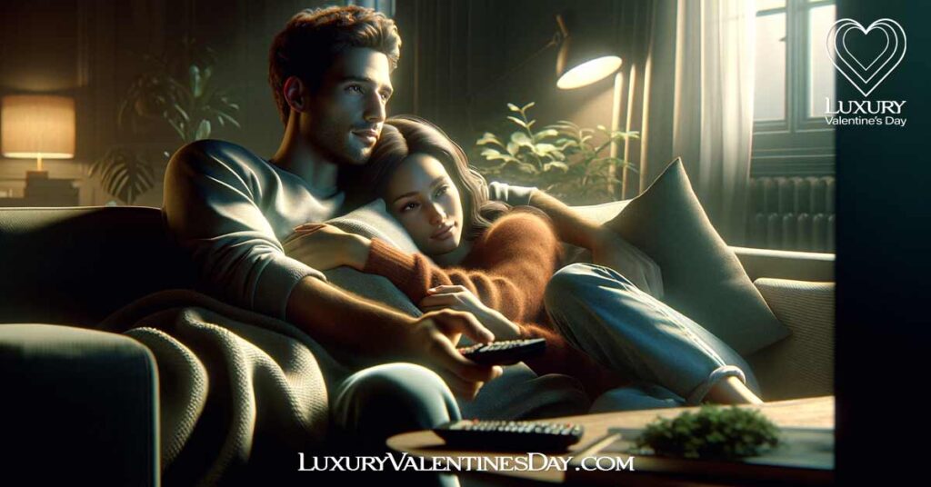 How to Speak Her Love Language: Couple cuddling while watching a movie at home | Luxury Valentine's Day