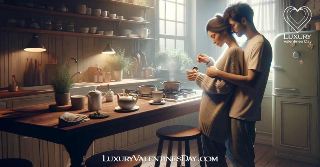 Impact of Physical Touch on Women: Couple making tea in a cozy kitchen embrace | Luxury Valentine's Day