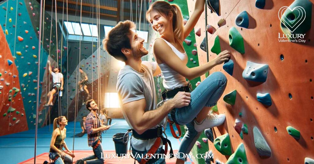 Indoor First Date Ideas : Couple at indoor rock climbing gym on first date| Luxury Valentine's Day