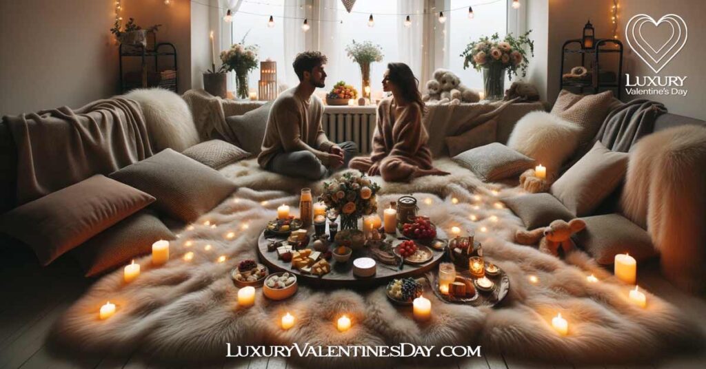 Indoor Romantic Picnic : Cozy and romantic indoor picnic setup in a living room for a first date | Luxury Valentine's Day