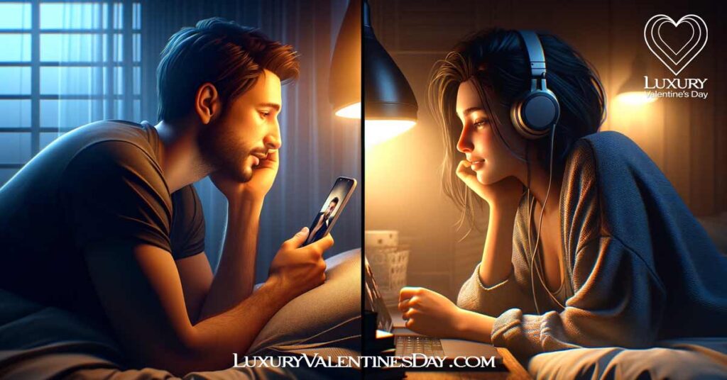 LDR Emotional Support and Communication: Couple in deep conversation over a late-night video call | Luxury Valentine's Day
