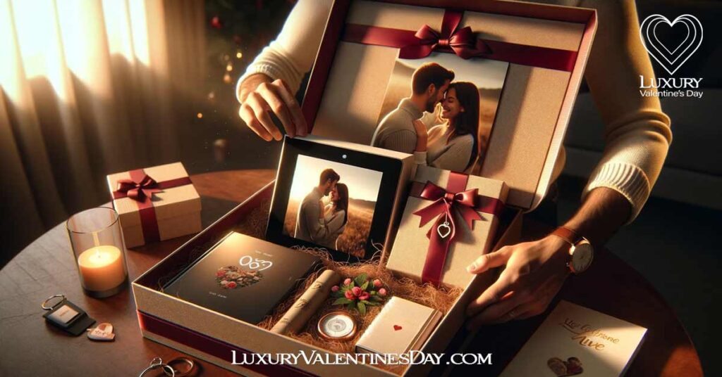 Long Distance Physical Touch Gift Ideas: Partner opening a custom gift box in a long-distance relationship | Luxury Valentine's Day