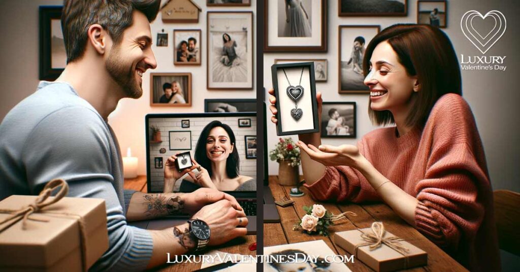 Long Distance Physical Touch Love Language FAQs: Couple sharing personalized gifts over a video call in a long-distance relationship | Luxury Valentine's Day
