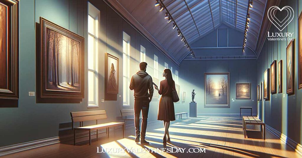 Low Key First Date Ideas : Couple admiring art at gallery | Luxury Valentine's Day