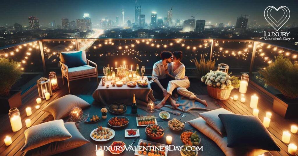 Midnight Picnic Ideas : Captivating midnight picnic on a rooftop terrace for a couple | Luxury Valentine's Day