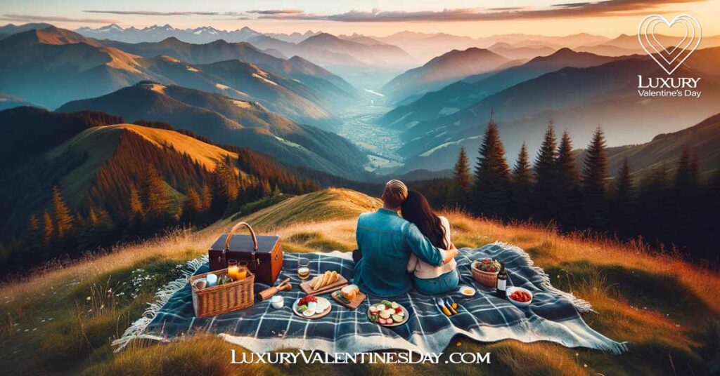 Perfect Picnic Date Location : Serene mountain overlook picnic with a couple at sunset | Luxury Valentine's Day