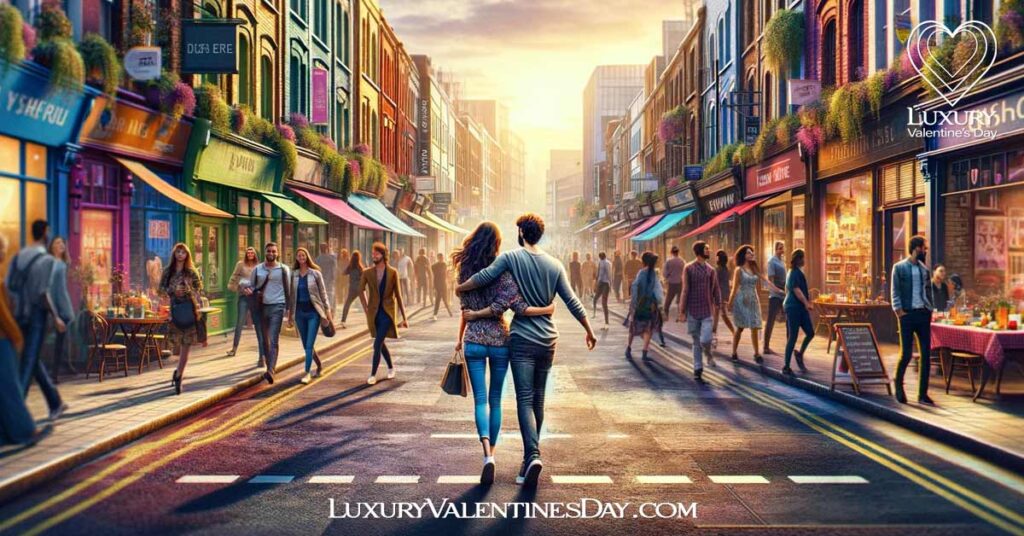 Physical Touch Examples For Her: Joyful couple strolling through vibrant urban street | Luxury Valentine's Day
