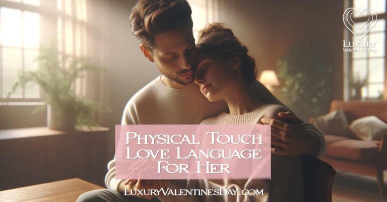 Physical Touch Love Language for Her: Couple sharing a gentle hug in a serene setting | Luxury Valentine's Day