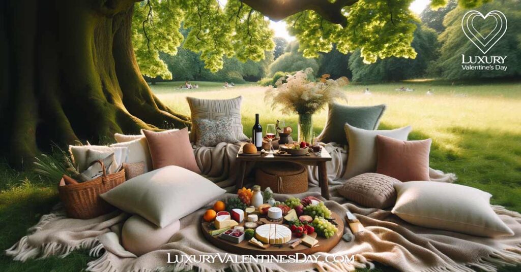 Picnic Date Setup : Cozy picnic setup for two in a lush park with a gourmet spread | Luxury Valentine's Day