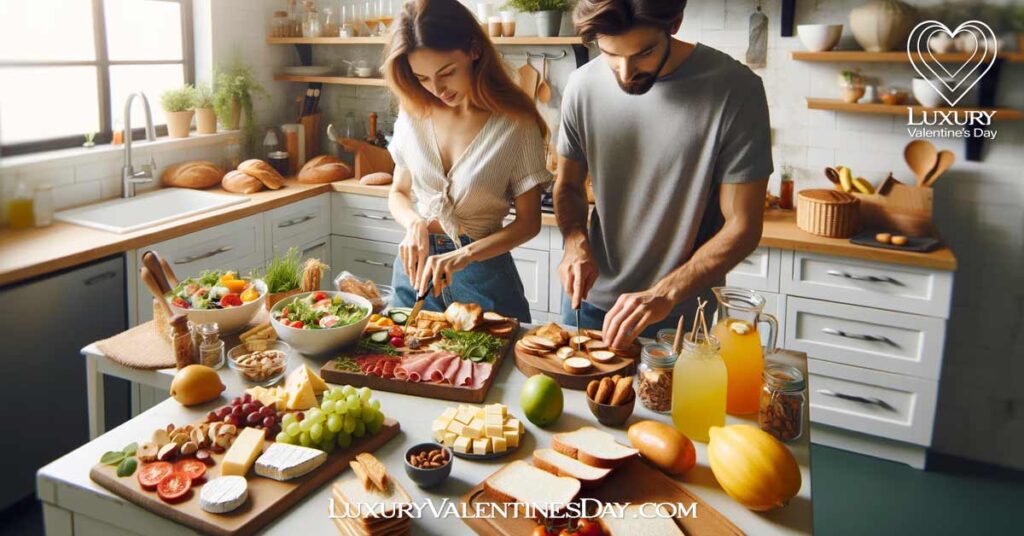 Picnic Food Guide : Couple preparing a gourmet picnic spread in their kitchen | Luxury Valentine's Day