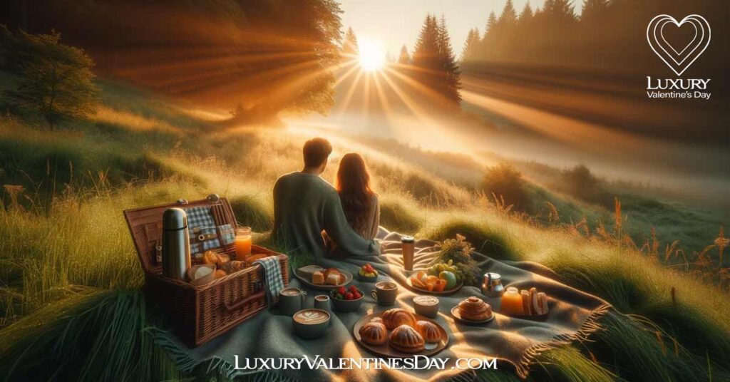 Picnic by the Clock : Serene morning picnic in a lush meadow at sunrise for a couple | Luxury Valentine's Day