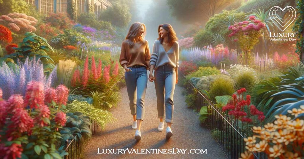 Places to Go on a First Date : Women holding hands in botanical garden on first date | Luxury Valentine's Day