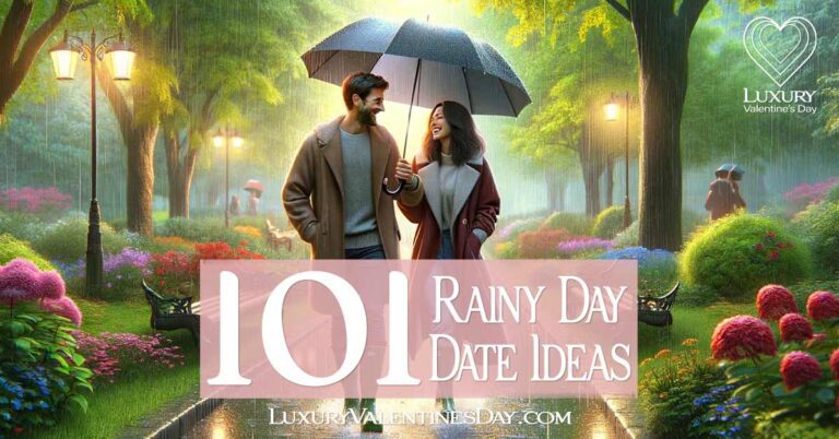 Rainy Day Date Ideas: Couple sharing an umbrella on a romantic walk in a rainy park. | Luxury Valentine's Day