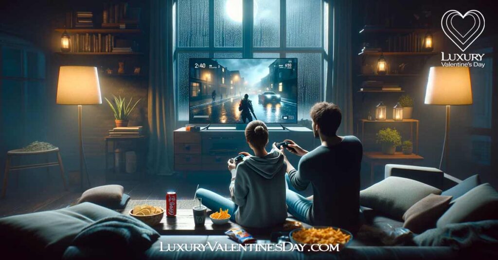 Rainy Game Night Date Ideas: Couple playing video games together on a cozy, rainy night. | Luxury Valentine's Day