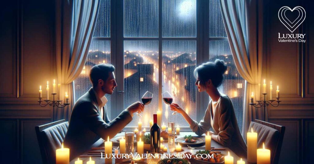 Rainy Night Date Ideas: Couple having a romantic candlelit dinner at home during a rainy night. | Luxury Valentine's Day