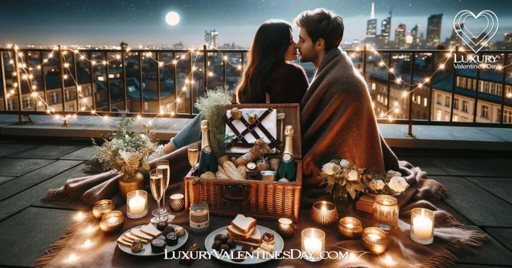 Romantic Picnic Basket Ideas : Cozy romantic picnic basket setup on a rooftop terrace at night | Luxury Valentine's Day