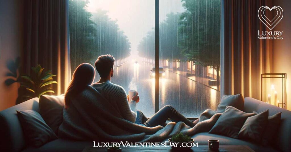Romantic Rainy Day Activities: Couple watching the rain together from a window, wrapped in a cozy blanket. | Luxury Valentine's Day