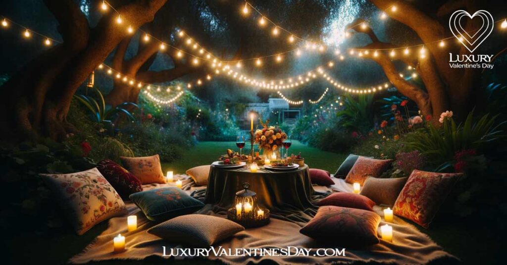 Romantics Picnic Date Ideas : Intimate garden picnic at night under fairy lights with elegant dinnerware | Luxury Valentine's Day