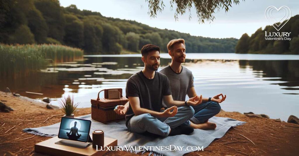 Things to Do on a Picnic Date : Same-sex couple meditating by a lake on a picnic date | Luxury Valentine's Day