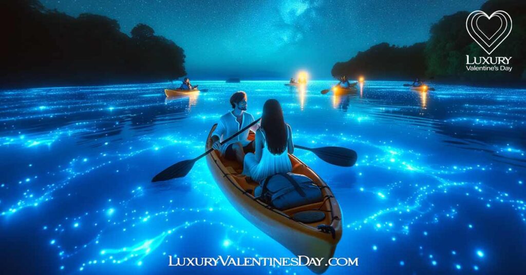 Unique First Date Ideas : Couple kayaking in bioluminescent waters on first date | Luxury Valentine's Day