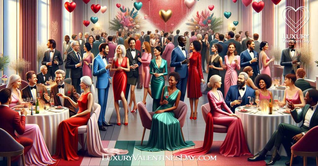 What Color to Wear on Valentine's Day: Sophisticated Valentine's Day party with guests in color-themed attire | Luxury Valentine's Day