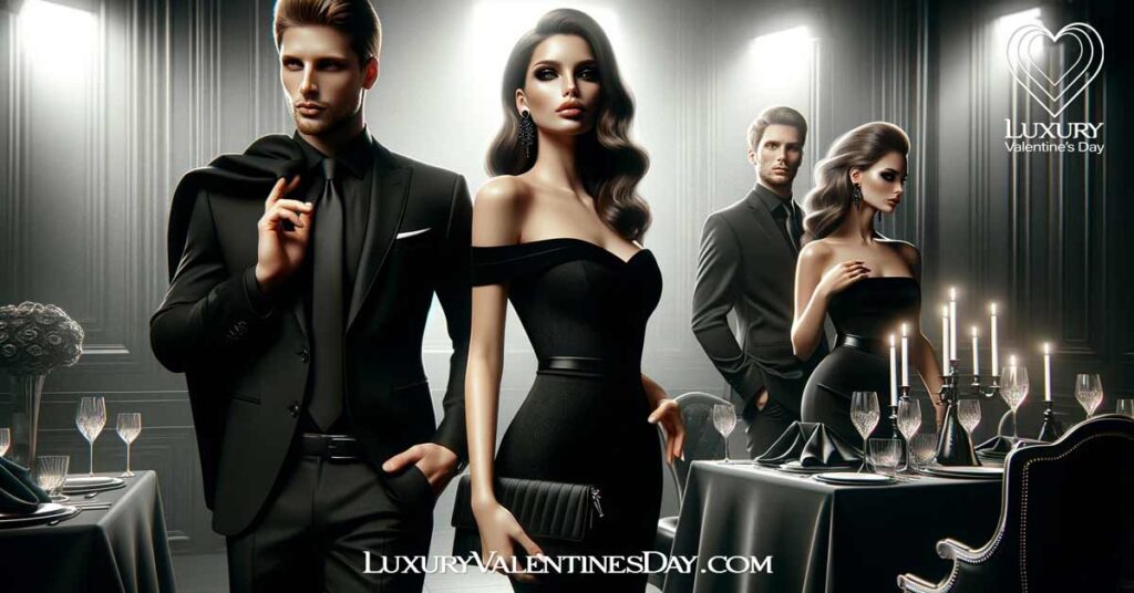 Can You Wear Black on Valentine's Day: Couple in elegant black outfits at an evening event | Luxury Valentine's Day