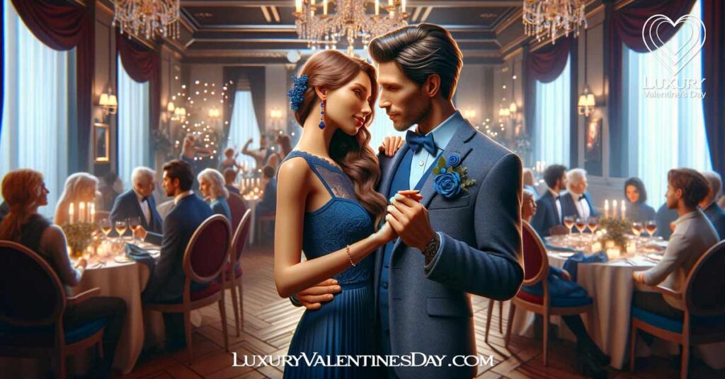 Can You Wear Blue on Valentine's Day: Elegant couple in blue at a Valentine's Day event | Luxury Valentine's Day