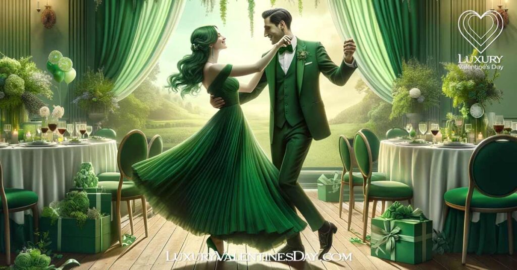 Can You Wear Green on Valentine's Day: Elegant couple in green at Valentine's celebration | Luxury Valentine's Day