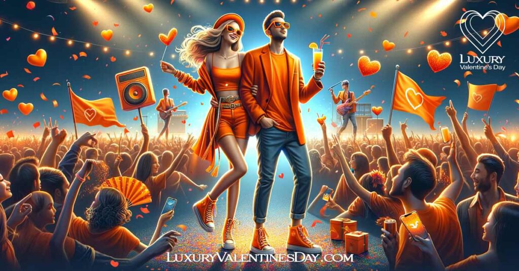 Can You Wear Orange on Valentine's Day: Couple celebrating Valentine's in orange at a festival | Luxury Valentine's Day