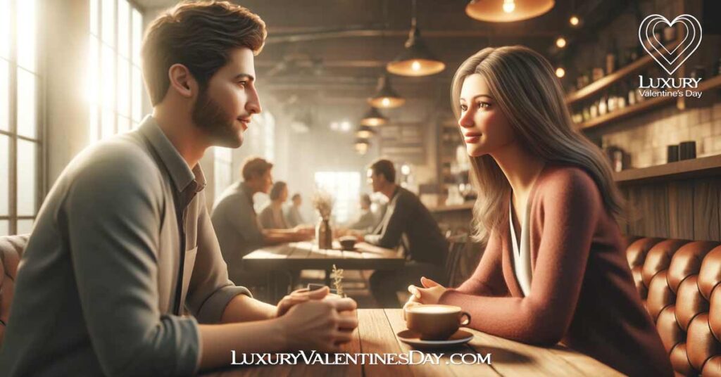 1st Date Questions : Young couple conversing in a cozy coffee shop. | Luxury Valentine's Day