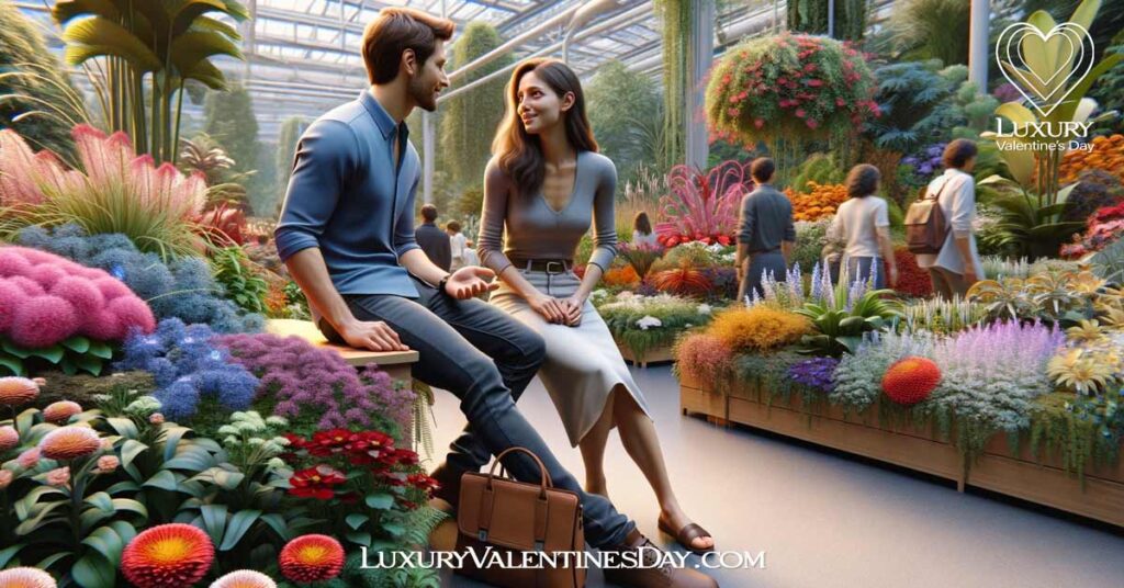 Best First Date Topics : Young couple discussing in a botanical garden. | Luxury Valentine's Day