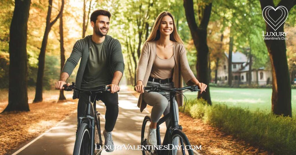Best Second Date Ideas : Couple enjoying a bike ride in a lush park during autumn | Luxury Valentine's Day