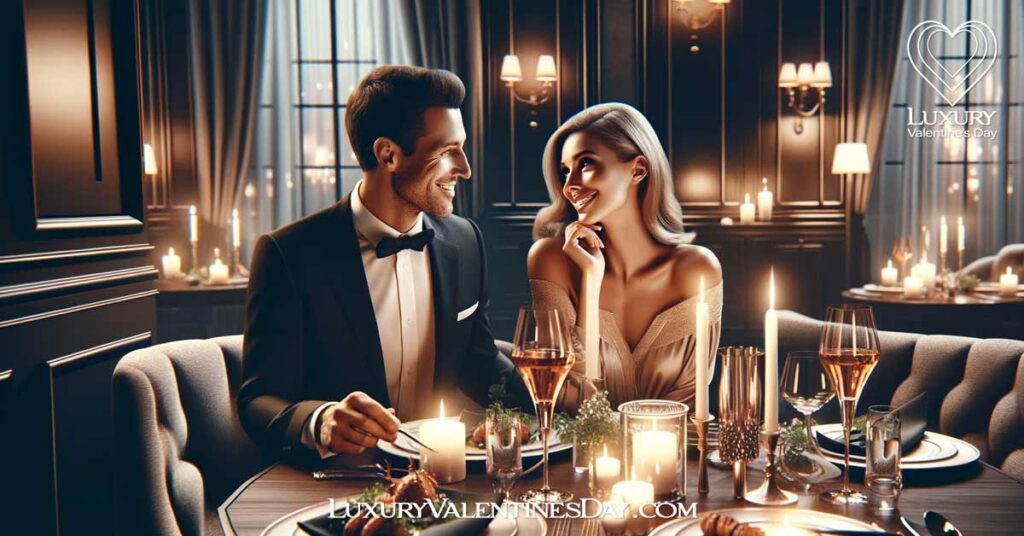 Best Third Date Suggestions : Romantic candlelit dinner at an upscale restaurant with a white couple | Luxury Valentine's Day