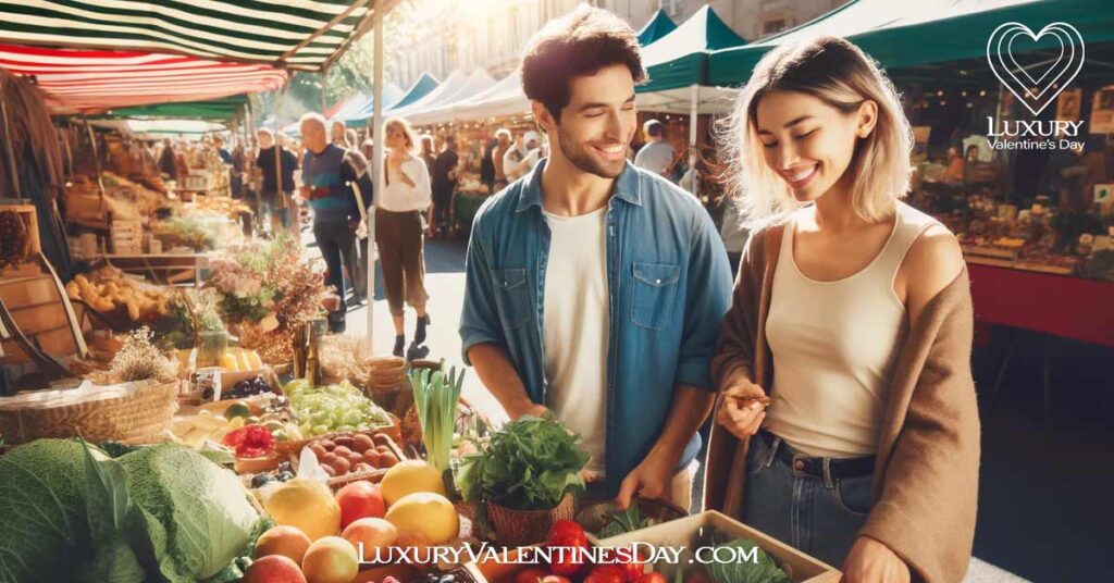 Cheap Third Date Ideas : Couple exploring a local farmers' market | Luxury Valentine's Day