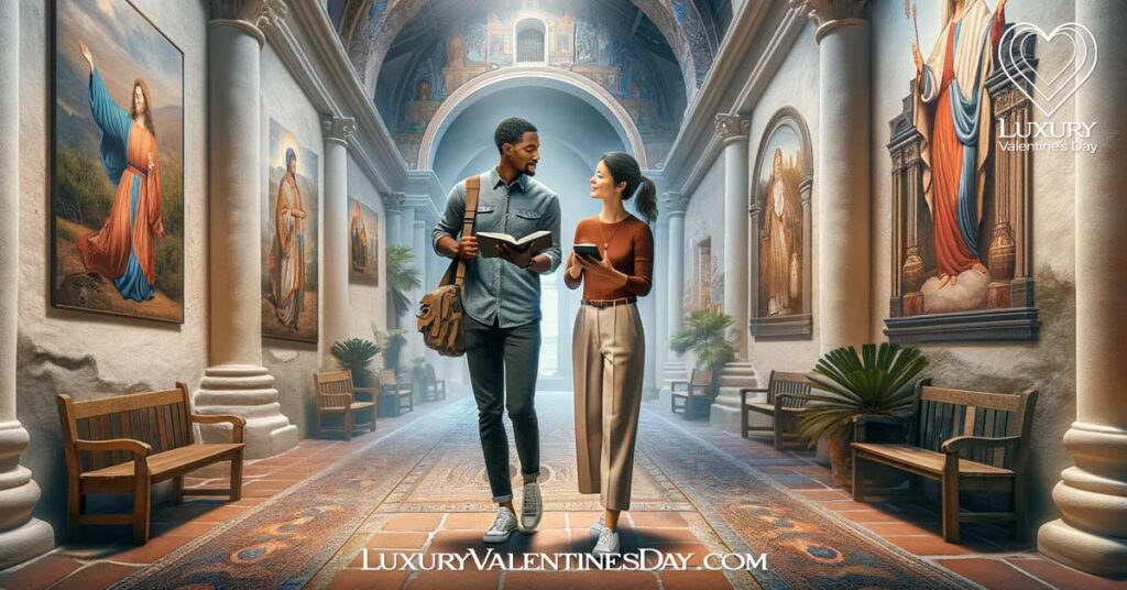 Christian First Date Questions : Couple walking through a historic Christian mission. | Luxury Valentine's Day