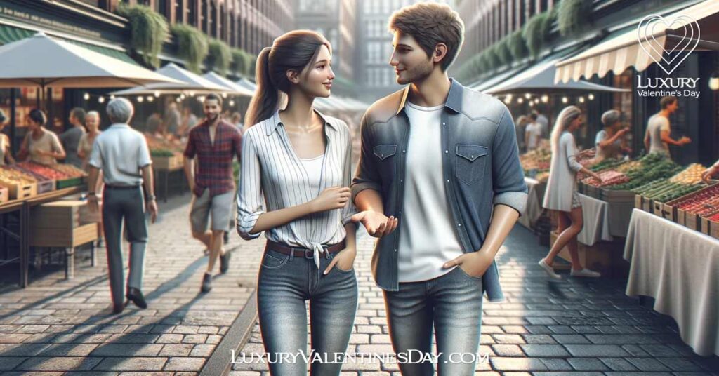 Conversation Starters for Dating : Young couple walking through a city street market.| Luxury Valentine's Day