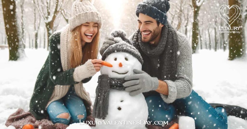 Cute Second Date Ideas : Couple building a snowman in a snowy park | Luxury Valentine's Day