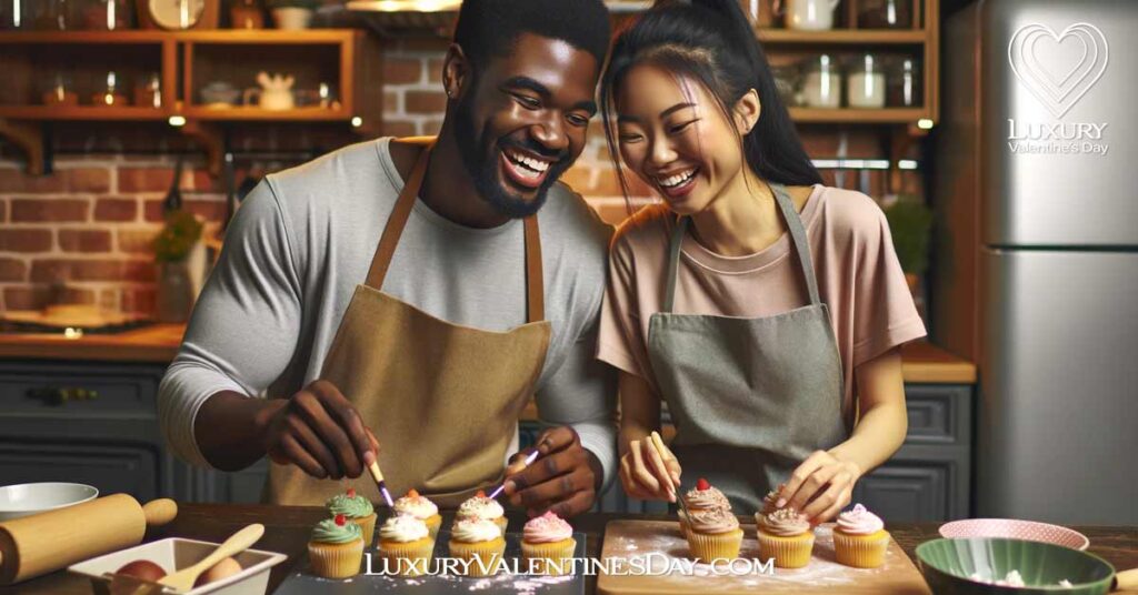 Cute Third Date Ideas : Couple baking cupcakes together in a home kitchen | Luxury Valentine's Day