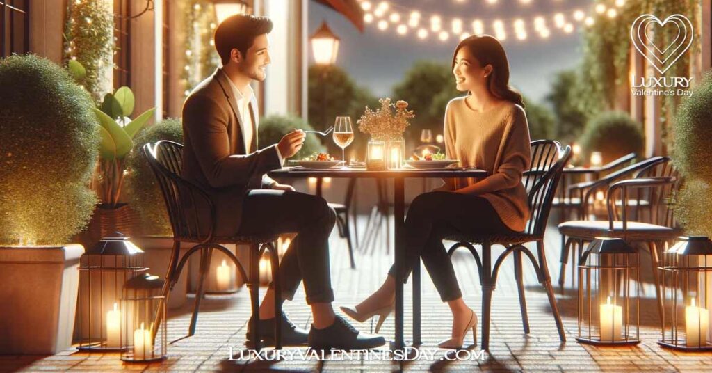 Do's and Don'ts in First Date : Young couple enjoying a dinner at a romantic outdoor café | Luxury Valentine's Day