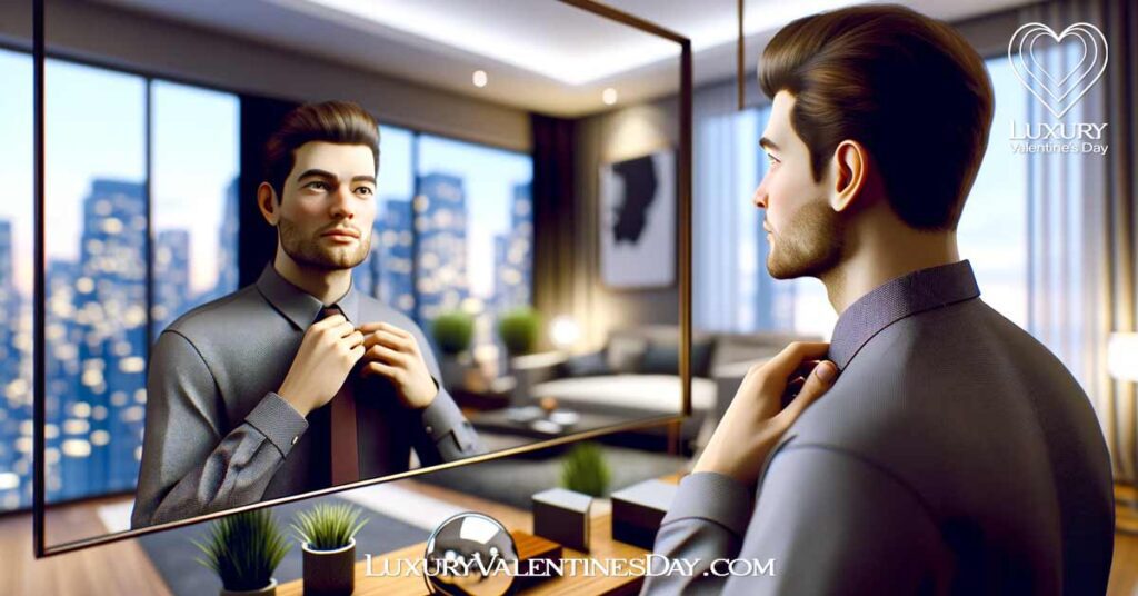 Do's and Don'ts on a First Date for Guys : Young man adjusting his tie in front of a mirror, preparing for a first date | Luxury Valentine's Day